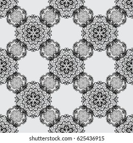 Seamless vintage pattern on gray background with dim elements. Christmas, snowflake, new year 2018.