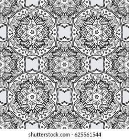 Seamless vintage pattern on gray background with dim elements. Christmas, snowflake, new year 2018.