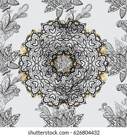 Seamless vintage pattern on gray background with golden elements and with gray doodles. Christmas, snowflake, new year.