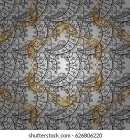 Seamless vintage pattern on gray background with golden elements and with white doodles. Christmas, snowflake, new year.