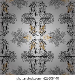 Seamless vintage pattern on gray background with golden elements and with white doodles. Christmas, snowflake, new year.