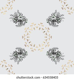 Seamless vintage pattern on gray background with golden elements. Christmas, snowflake, new year. Golden pattern on gray background with golden elements.