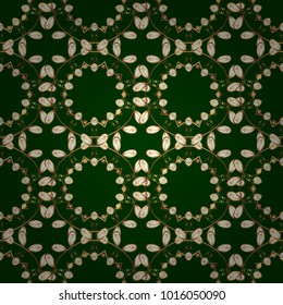 Seamless vintage pattern on green and yellow colors with golden elements. Christmas, snowflake, new year 2018.