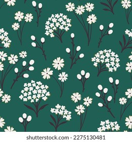 Seamless vintage pattern on a green background. Small white flowers. Vector texture. Fashionable print for textiles and wallpaper.