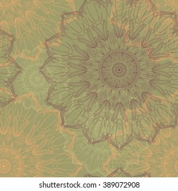 Seamless vintage pattern on a green background. Mandala. Arabic, Islam, Indian, Turkish motifs. Can be used as a background for the site and design of the fabric. Vector. 