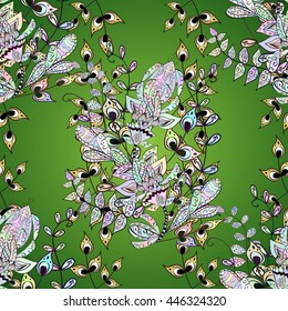 Seamless vintage pattern on green background with golden elements.