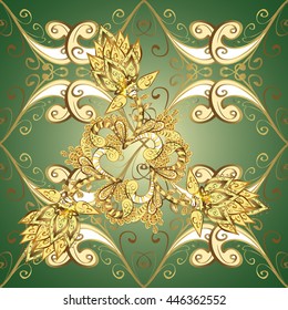 Seamless vintage pattern on green background with golden elements.