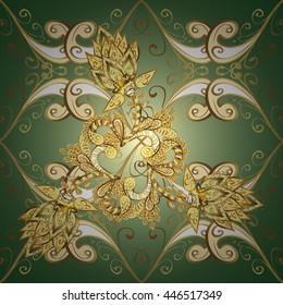 Seamless vintage pattern on green background with golden elements.
