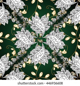 Seamless vintage pattern on green background with golden elements.