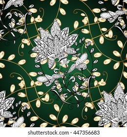 Seamless vintage pattern on green background with golden elements.