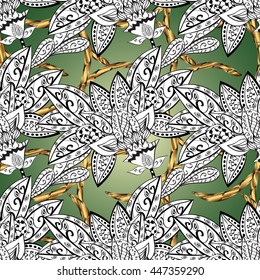 Seamless vintage pattern on green background with golden elements.