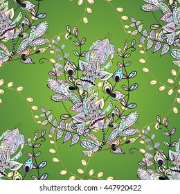 Seamless vintage pattern on green background with golden elements.