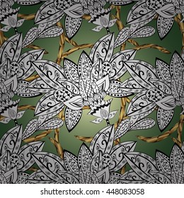 Seamless vintage pattern on green background with golden elements.