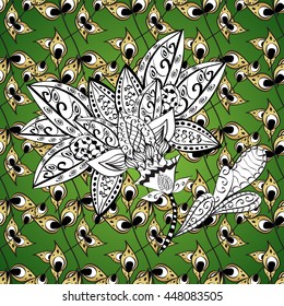Seamless vintage pattern on green background with golden elements.