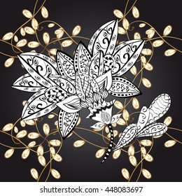 Seamless vintage pattern on green background with golden elements.