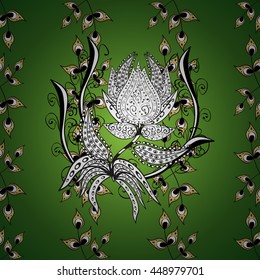 Seamless vintage pattern on green background with golden elements.