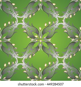 Seamless vintage pattern on green background with golden and silver elements.