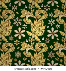 Seamless vintage pattern on green background with golden elements.
