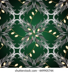 Seamless vintage pattern on green background with golden and silver elements.