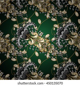 Seamless vintage pattern on green background with golden elements.
