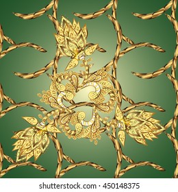 Seamless vintage pattern on green background with golden elements.