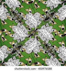 Seamless vintage pattern on green background with golden elements.