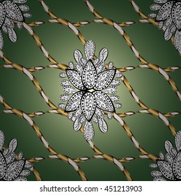 Seamless vintage pattern on green background with golden elements.