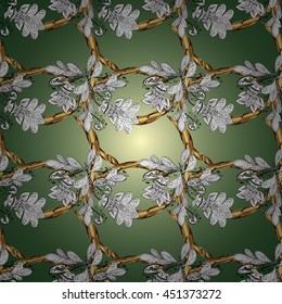Seamless vintage pattern on green background with golden elements.