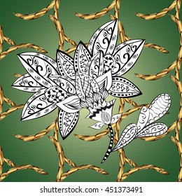 Seamless vintage pattern on green background with golden elements.