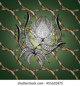 Seamless vintage pattern on green background with golden elements.