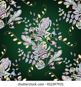 Seamless vintage pattern on green background with golden elements.