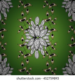 Seamless vintage pattern on green background with golden elements.