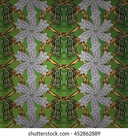 Seamless vintage pattern on green background with golden and white elements.