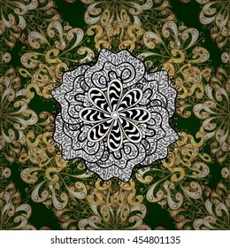 Seamless vintage pattern on green background with golden elements.