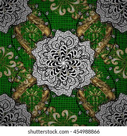 Seamless vintage pattern on green background with golden elements.