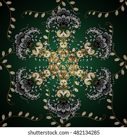 Seamless vintage pattern on green gradient background with golden and white elements. Vector.
