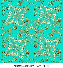 Seamless vintage pattern on green and blue background with golden elements. Vector.