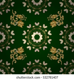 Seamless vintage pattern on green background with golden elements.