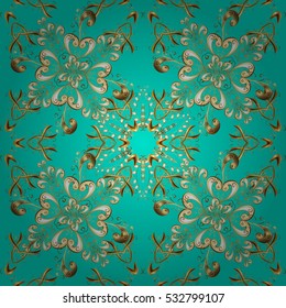 Seamless vintage pattern on green and blue background with golden elements. Vector.