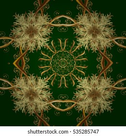 Seamless vintage pattern on green background with golden elements.