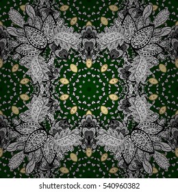 Seamless vintage pattern on green background with golden elements. Radial gradient shadow.