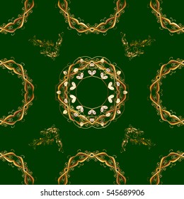 Seamless vintage pattern on green background with golden elements.