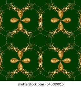Seamless vintage pattern on green background with golden elements.