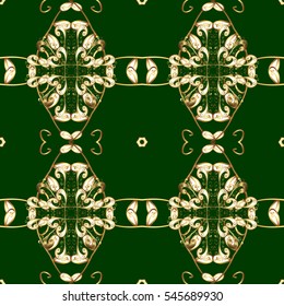 Seamless vintage pattern on green background with golden elements.