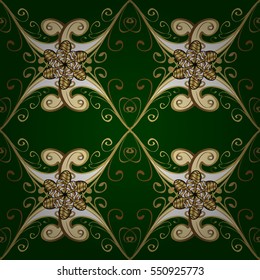 Seamless vintage pattern on green background with golden elements. Radial gradient shape.