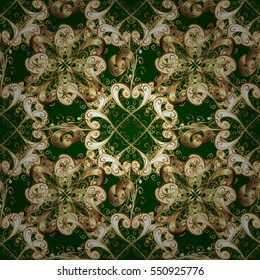 Seamless vintage pattern on green background with golden elements. Radial gradient shape.