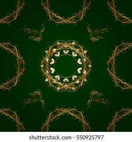 Seamless vintage pattern on green background with golden elements. Radial gradient shape.
