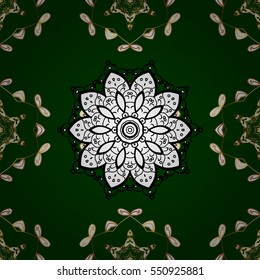 Seamless vintage pattern on green background with golden elements. Radial gradient shape.