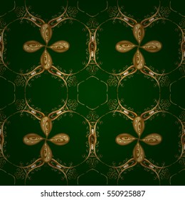 Seamless vintage pattern on green background with golden elements. Radial gradient shape.