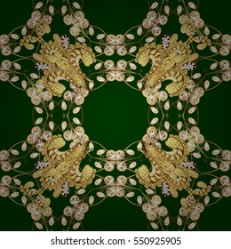 Seamless vintage pattern on green background with golden elements. Radial gradient shape.